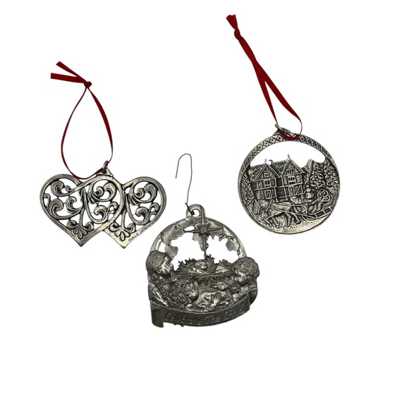Pewter Christmas Ornaments Aitken Celebrate The Child Norway Double Heart Holida - Picture 1 of 5